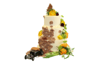 Hochzeitstorte mit Blüten und Oldtimer-Figur