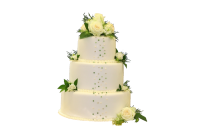 Dreistöckige weiße Hochzeitstorte mit weißen Rosen