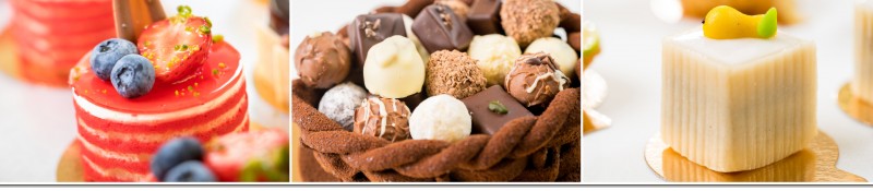 Beerentörtchen, Pralinen im Schokoladenkorb und Marzipan-Petit-Four