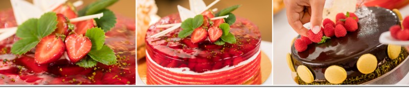 Erdbeertorte mit Erdbeergelee und Schokoladentorte mit Himbeeren
