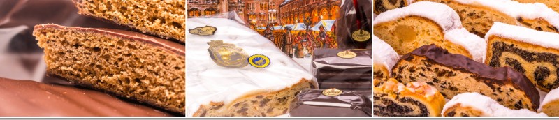 Honigkuchen, Dresdner Christstollen mit Stollensiegel und angeschnittene Stollen