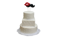 Dreistöckige weiße Hochzeitstorte mit Kussmund- und Schnurrbart-Aufsatz