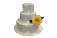 Dreistöckige weiße Hochzeitstorte mit gelber Rose