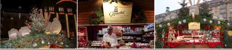 Weihnachtsmarktstand der Konditorei Gradel mit Christbaum und Tannengirlanden