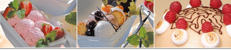 Erdbeereis und Eisspezialitäten in Schalen sowie Eistorte mit Himbeeren und Baiser