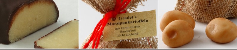 Marzipanbrot mit Schokoladenüberzug und Gradels Marzipankartoffeln im Jutesäckchen