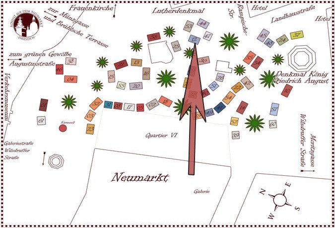 Lageplan „Advent auf dem Neumarkt“ an der Frauenkirche mit dem Stand der Konditorei Gradel